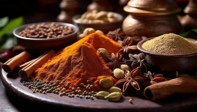 Assorted Spices and Powders on Wooden Surface