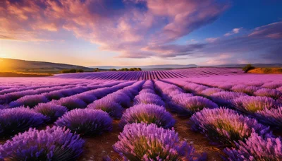 Vibrant Lavender Field Under A Dramatic Sunset Sky