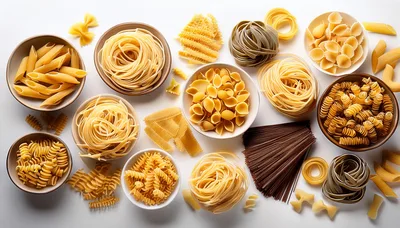 Assorted Varieties Of Raw Pasta In Bowls