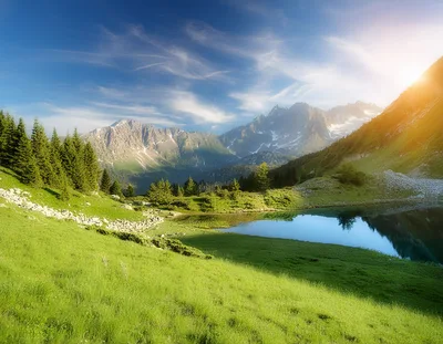 Alpine Mountain Lake Landscape With Lush Green Meadow