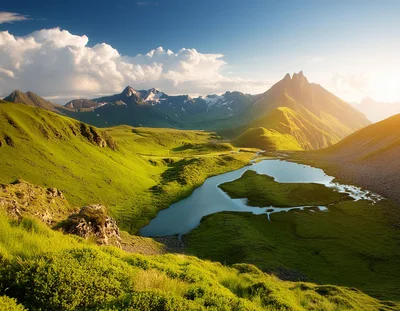 Scenic Alpine Valley With A Serene Mountain Lake