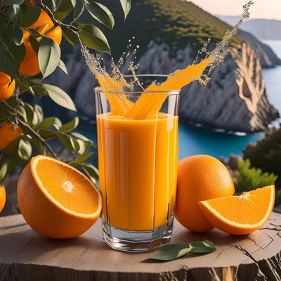 Fresh Orange Juice Splash With Oranges On Wooden Table