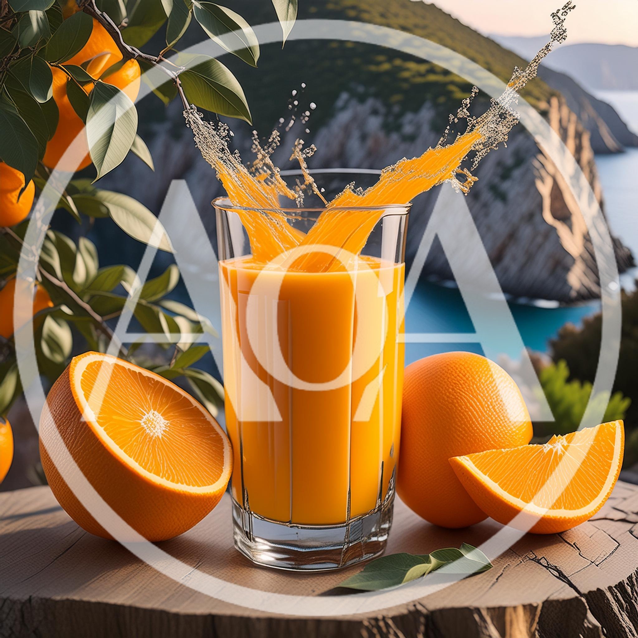 Fresh Orange Juice Splash With Oranges On Wooden Table
