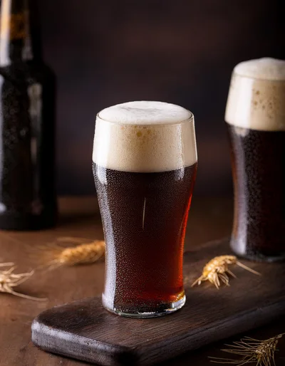 Two Glasses Of Dark Beer On A Wooden Board