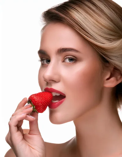 Beautiful Woman Holding A Fresh Strawberry To Her Lips