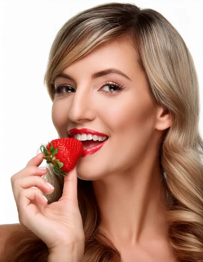 Beautiful Blonde Woman Eating A Fresh Red Strawberry
