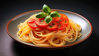 Spaghetti Pasta With Fresh Tomato Slices And Basil