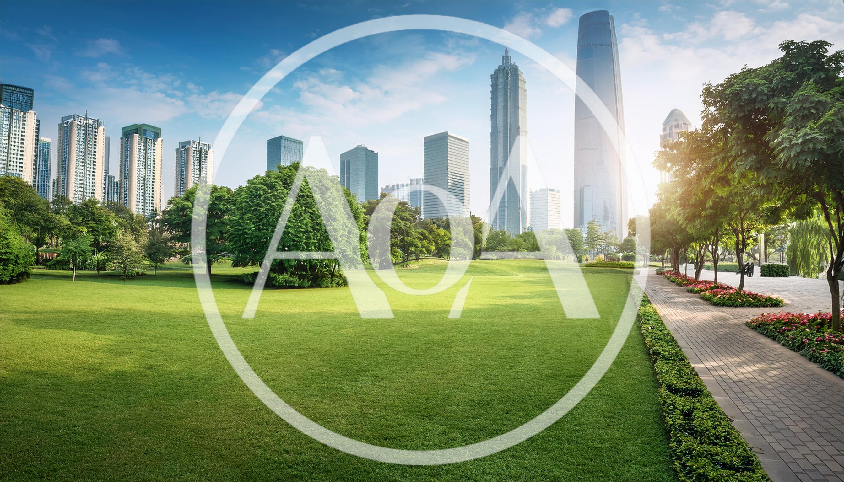 Modern City Skyline View From A Lush Green Park