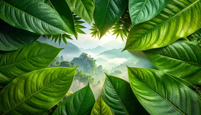 Framed View of Misty Mountain Landscape Through Green Leaves