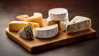 Assorted Gourmet Cheeses Arranged on a Wooden Board