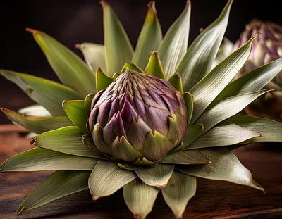 Fresh Purple Artichoke Resting On A Wooden Surface