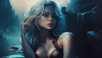 Fantasy Woman With Glowing Tattoos In Mystical Water