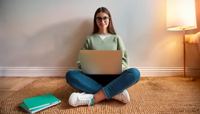 Young Woman Sitting On Floor Using Laptop