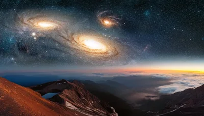 Surreal Mountain Landscape With Multiple Galaxies In Night Sky