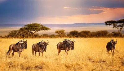 Four Blue Wildebeest Standing In The Serengeti Grasslands
