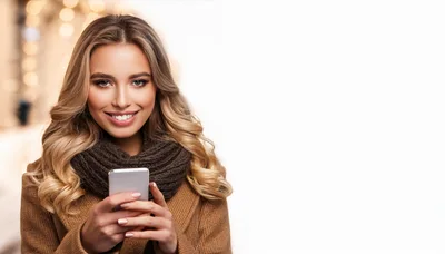 Smiling Young Woman Using Smartphone In Winter Clothing