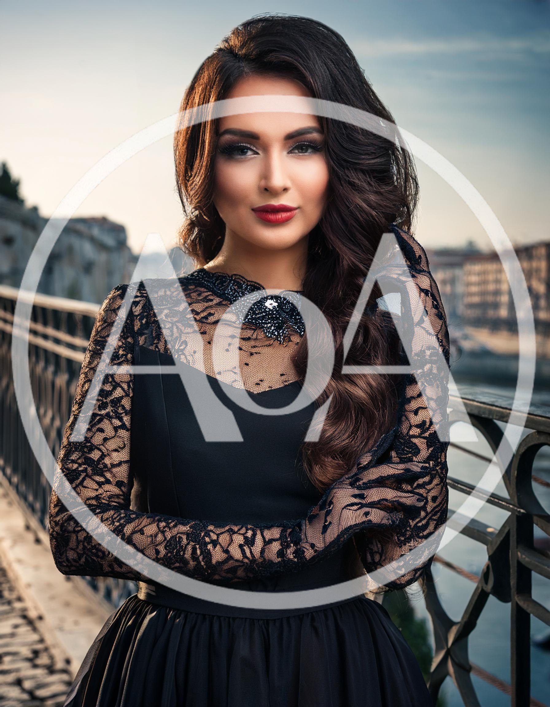 Elegant Woman In Black Lace Dress On Bridge