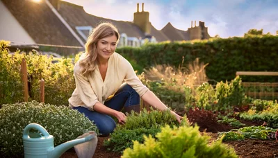 Woman Gardening In A Sunny Backyard Vegetable Patch