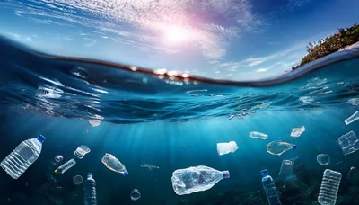 Plastic Pollution Floating In Clear Tropical Ocean Water