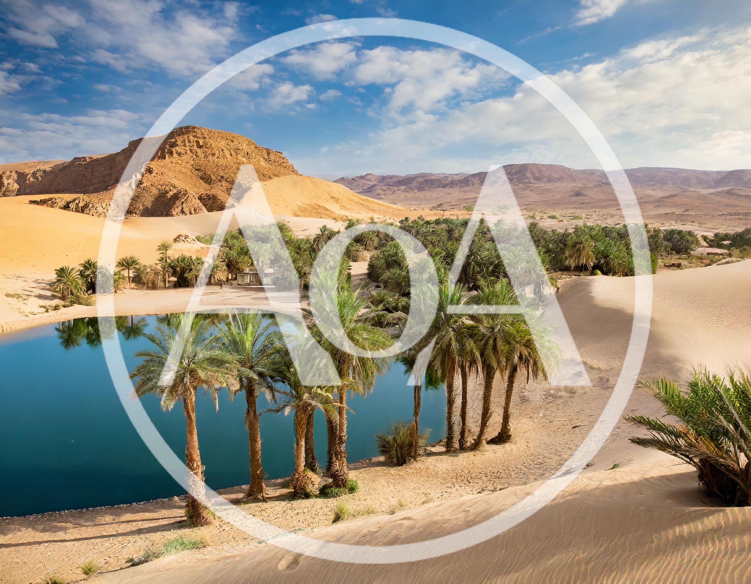Oasis With Palm Trees And Blue Water In Sahara Desert