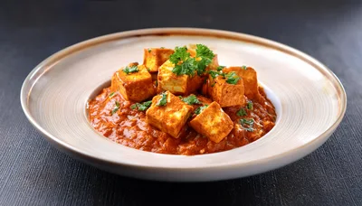 Paneer Butter Masala Served In A Shallow Bowl