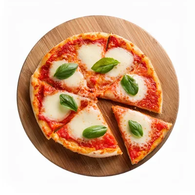 Margherita Pizza Sliced On A Wooden Serving Board