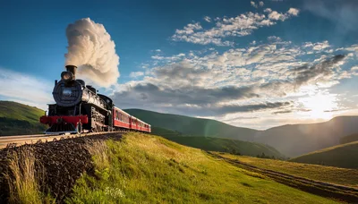Vintage Steam Locomotive Traveling Through Rolling Green Hills