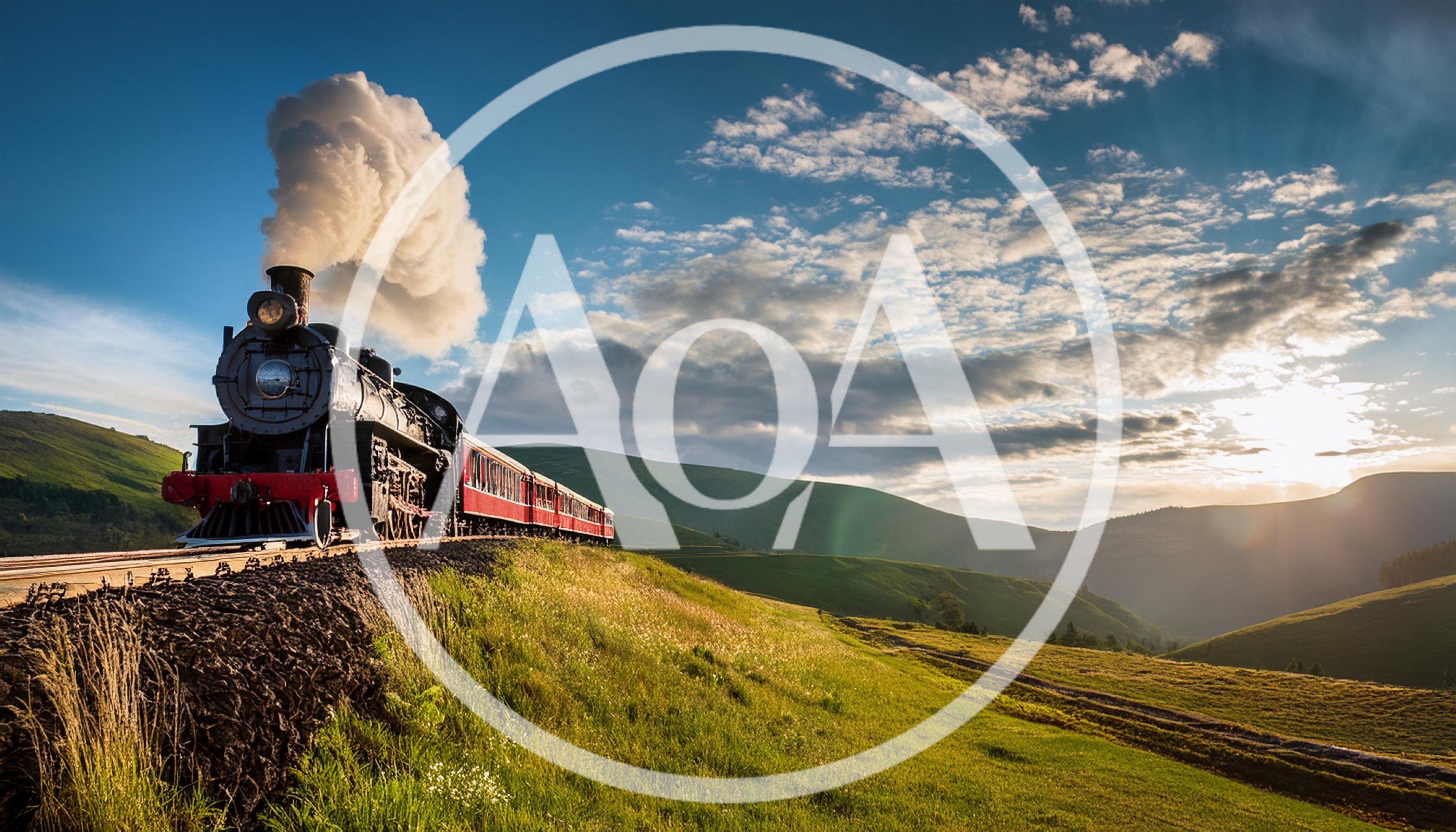 Vintage Steam Locomotive Traveling Through Rolling Green Hills