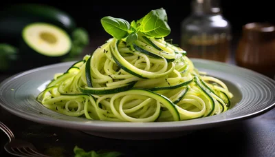 Fresh Zucchini Noodles Served On A White Plate
