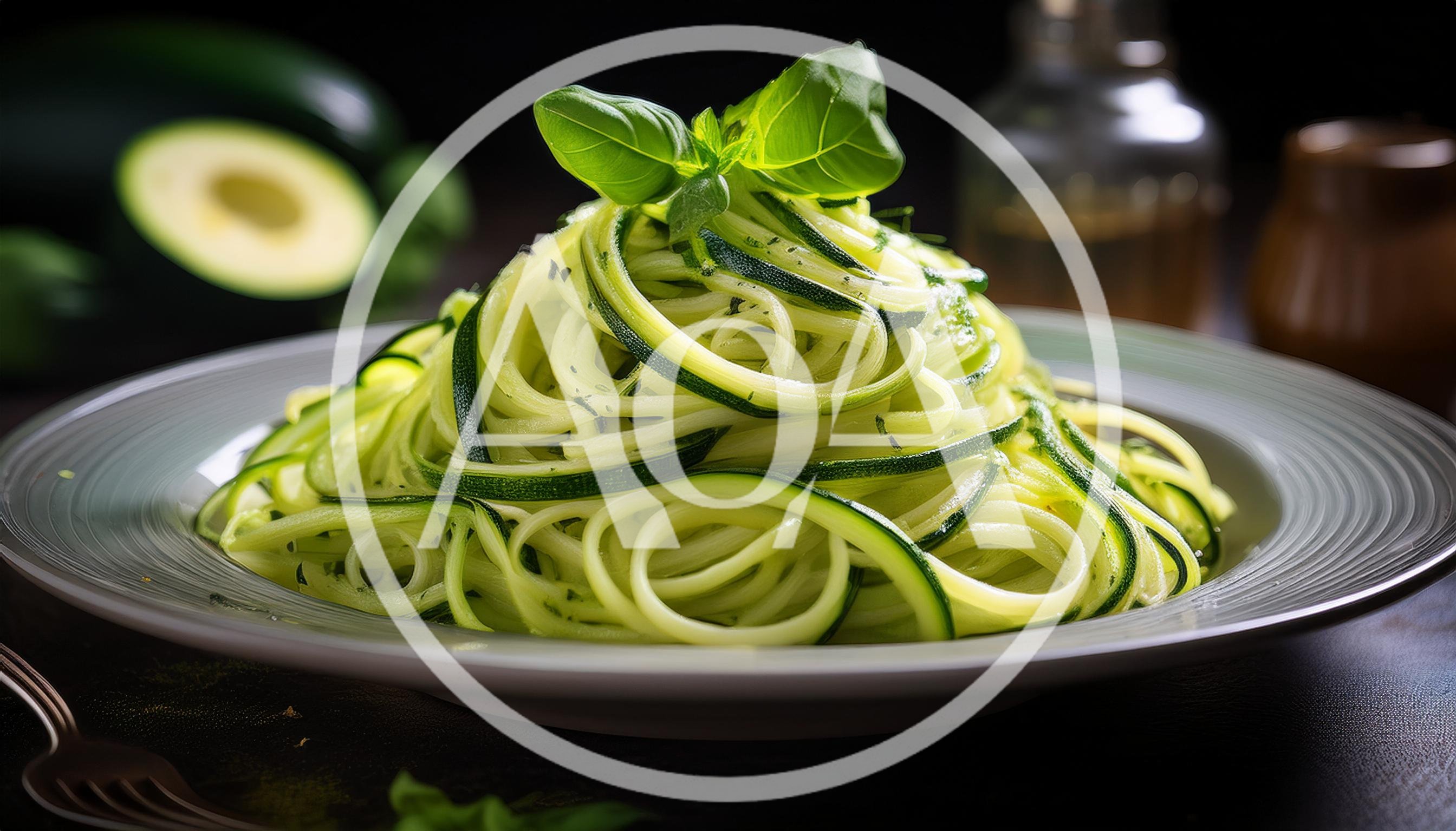 Fresh Zucchini Noodles Served On A White Plate