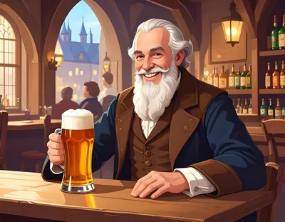 Cheerful Elderly Man Drinking Beer In A Tavern