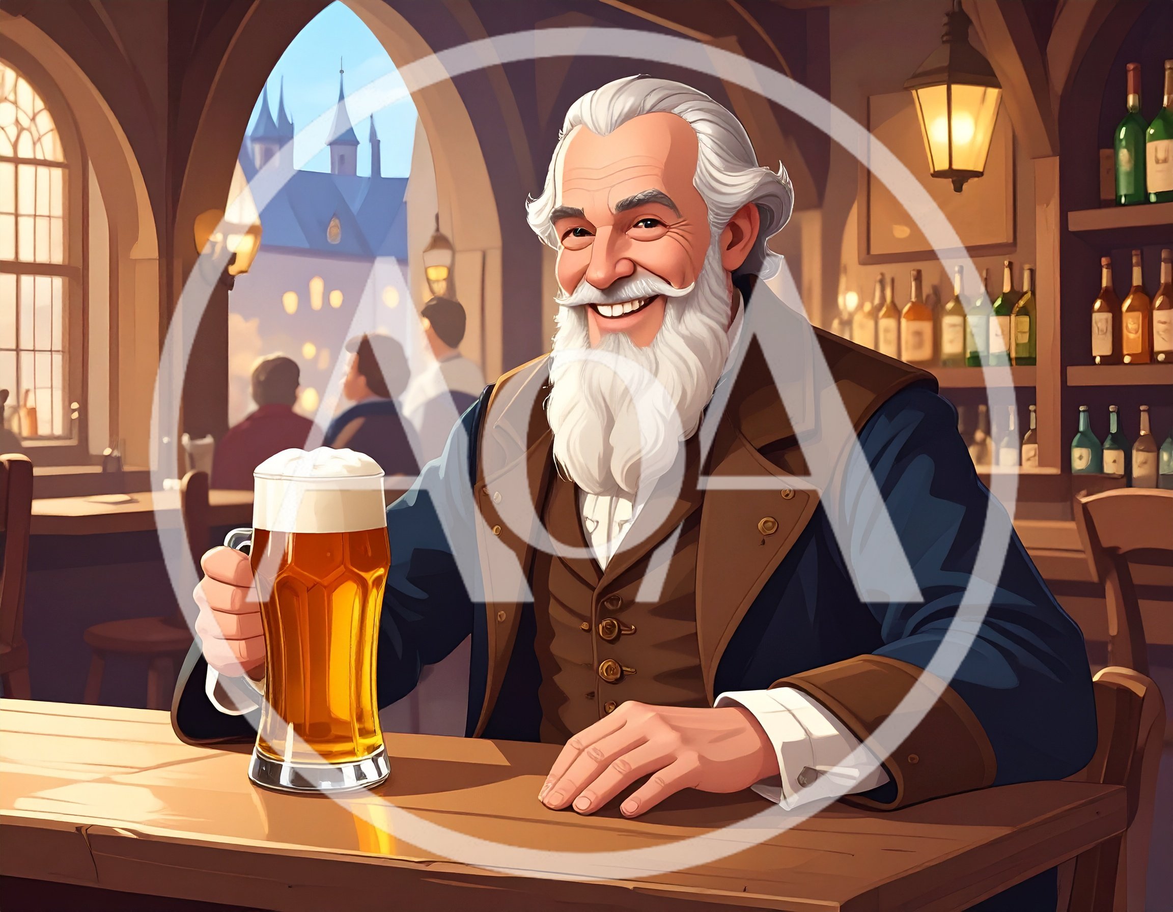 Cheerful Elderly Man Drinking Beer In A Tavern