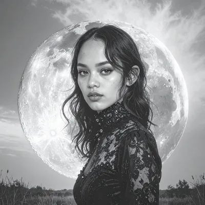 Portrait Of A Young Woman Against A Giant Moon