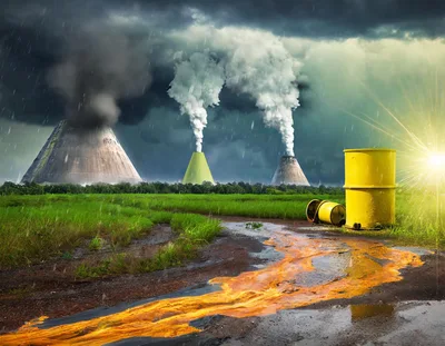 Industrial Pollution With Toxic Waste Barrels And Cooling Towers