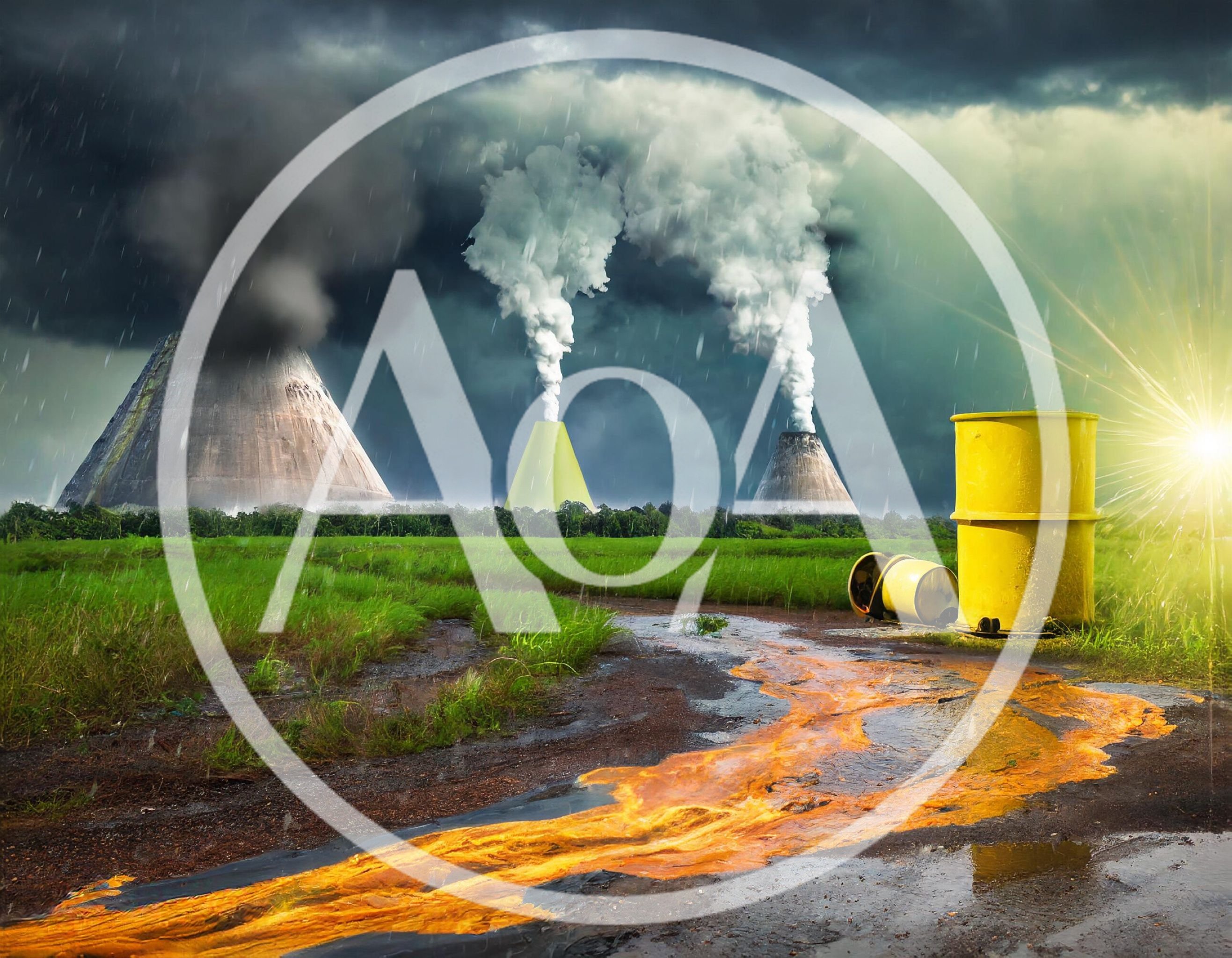 Industrial Pollution With Toxic Waste Barrels And Cooling Towers