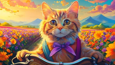 Cute Ginger Cat Riding A Bicycle Through Flower Fields
