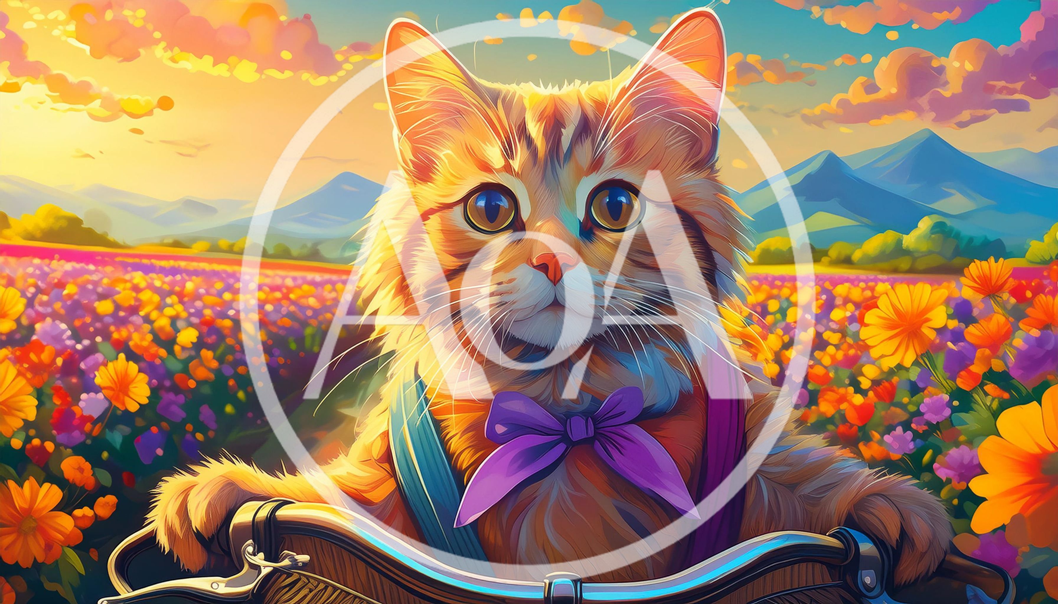 Cute Ginger Cat Riding A Bicycle Through Flower Fields