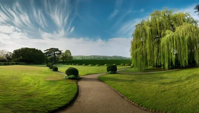 Panoramic View Of A Lush Green Garden Landscape