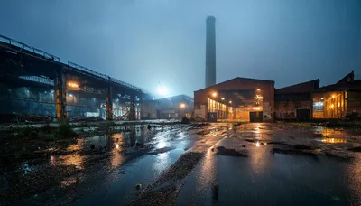 Abandoned Industrial Factory Complex During Heavy Rain