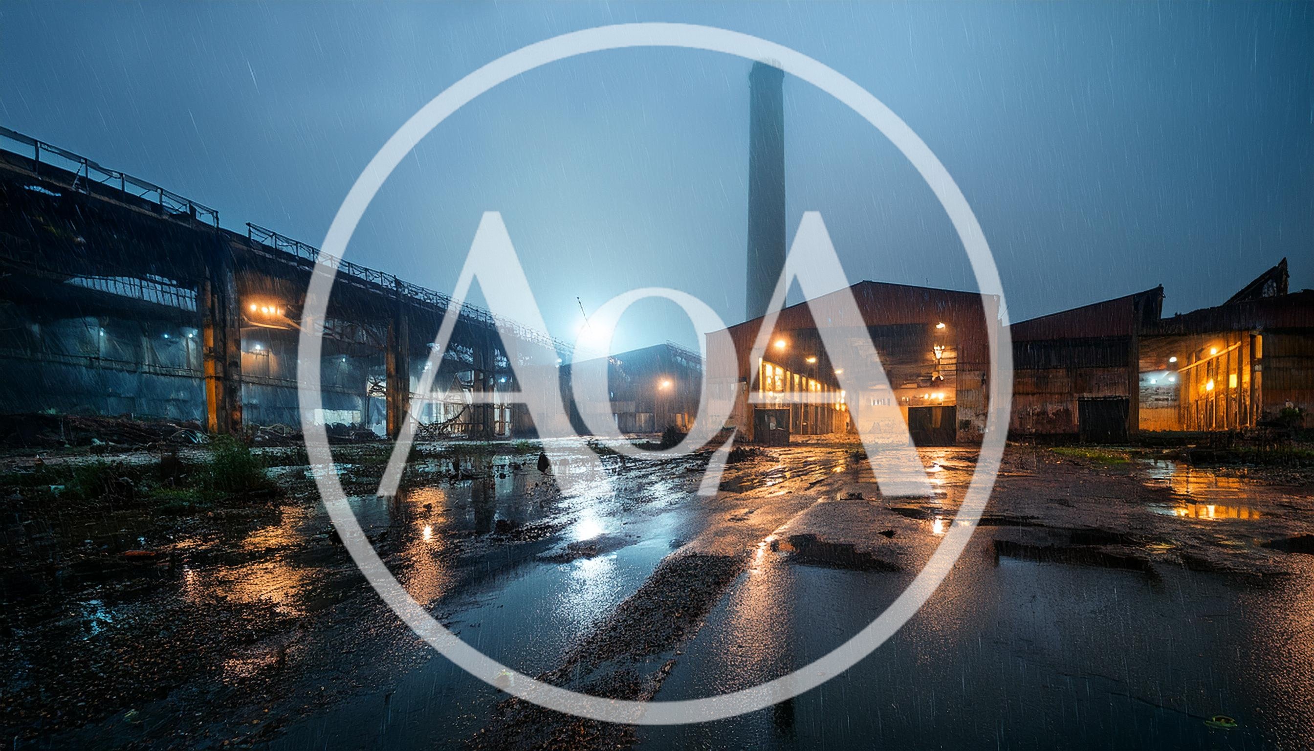 Abandoned Industrial Factory Complex During Heavy Rain
