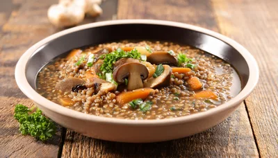Bowl Of Hearty Lentil And Mushroom Soup