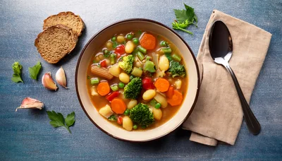 Bowl Of Vegetable Soup With Bread And Garlic