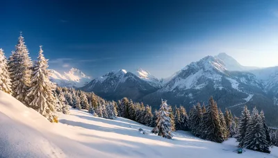 Panoramic View Of Snowy Alpine Mountains In Winter