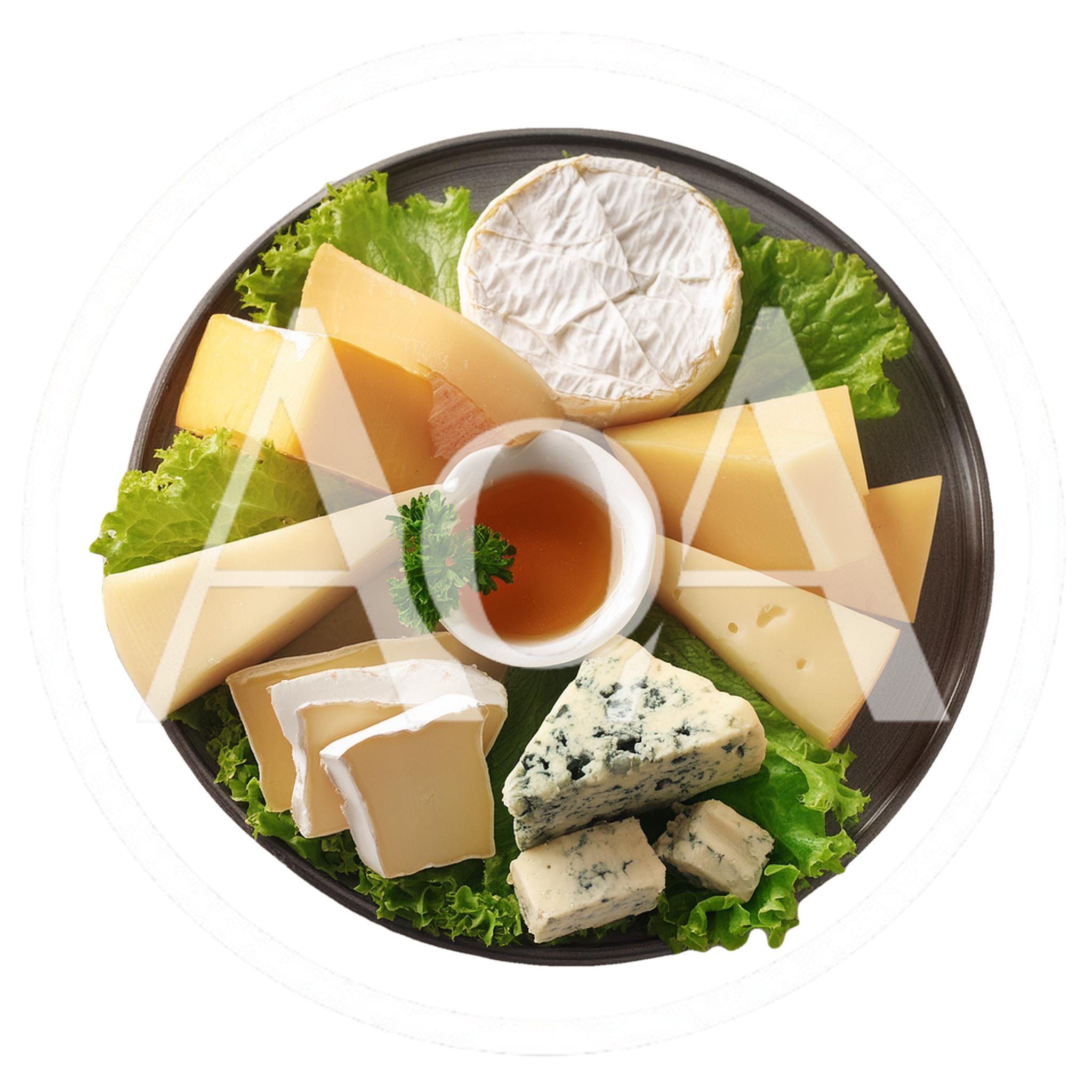 Gourmet Cheese Platter With Honey And Lettuce