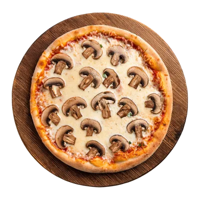 Mushroom Pizza On A Wooden Serving Board