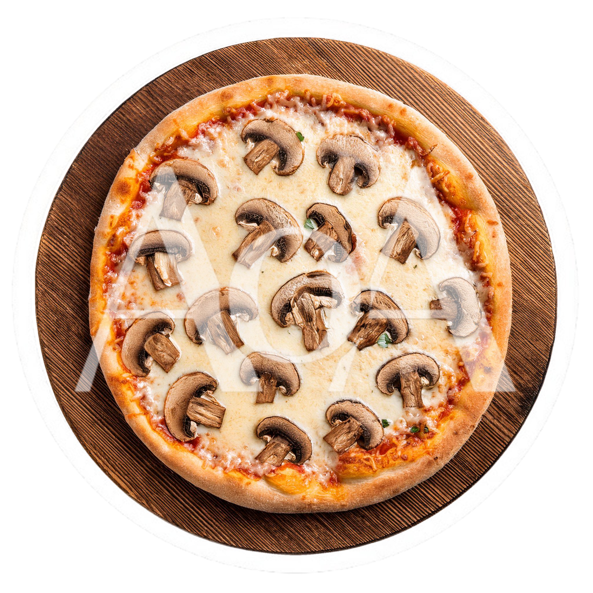 Mushroom Pizza On A Wooden Serving Board