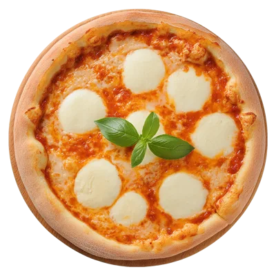 Fresh Margherita Pizza With Basil Leaves On Wooden Board