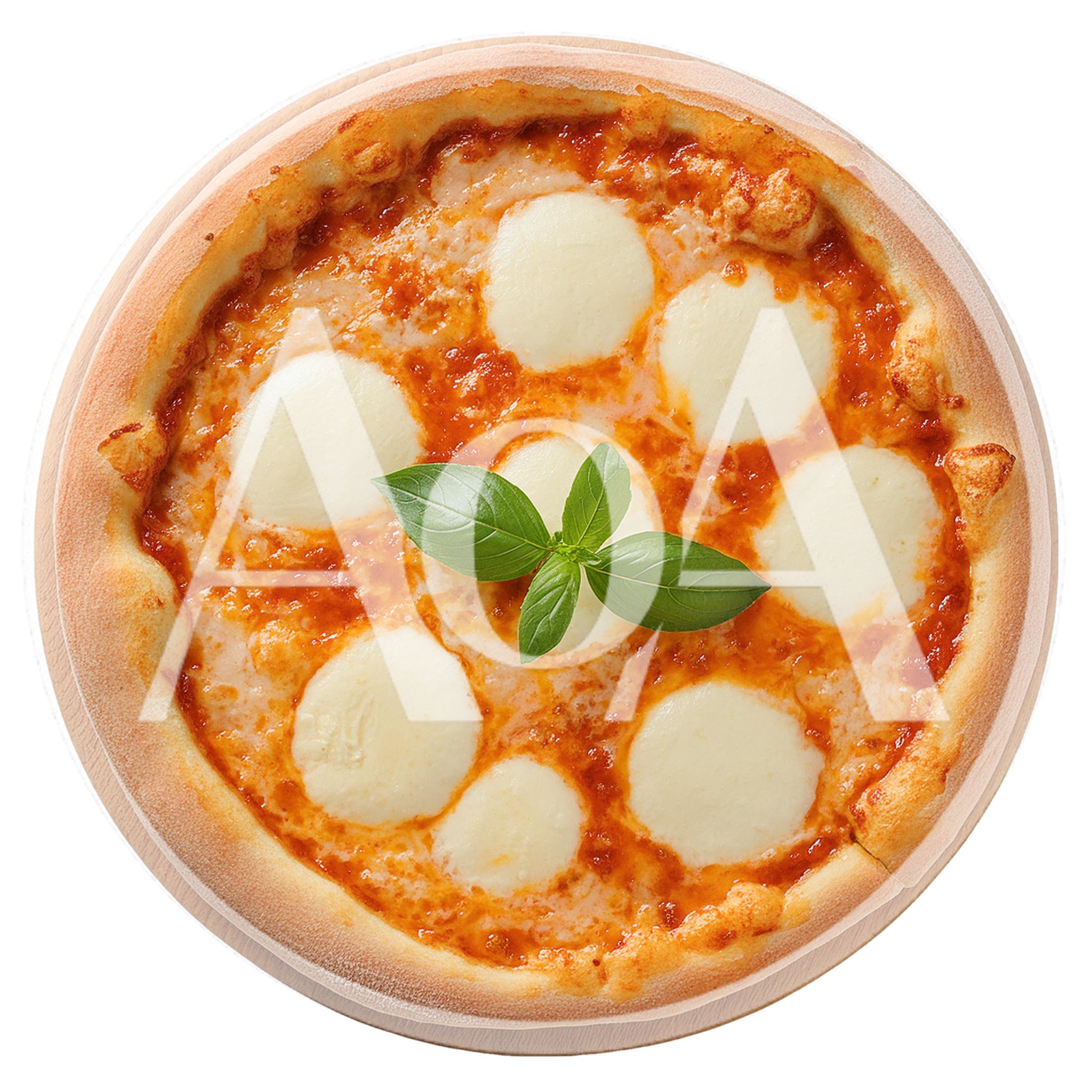 Fresh Margherita Pizza With Basil Leaves On Wooden Board
