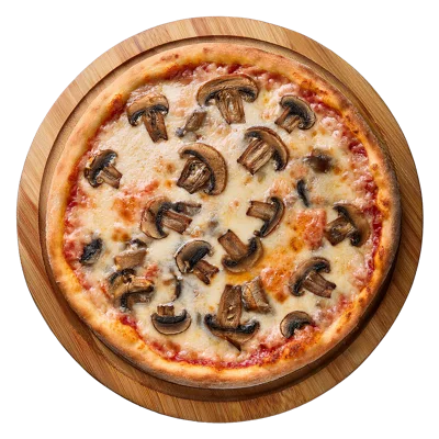Mushroom Pizza On A Wooden Serving Board