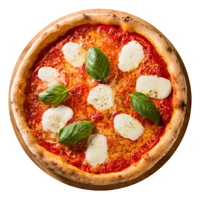 Fresh Margherita Pizza On A Wooden Serving Board